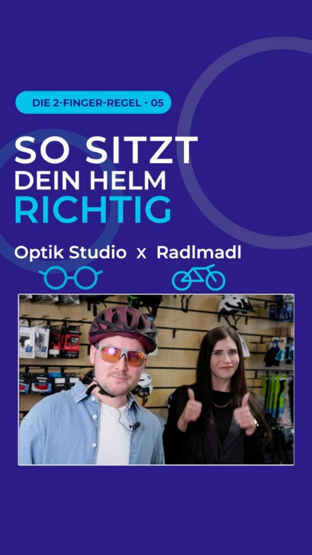 Sitzt Dein Fahrradhelm wirklich richtig? 🚲

Ein Helm kann im Ernstfall richtig wichtig sein – aber nur, wenn er auch korrekt sitzt.

Die einfache Faustregel:
maximal zwei Finger Platz unter dem Kinn und vorne zur Stirn. Außerdem sollte der Helm nicht nach hinten wackeln und nicht nach vorne kippen.

Denn es zählt nicht nur, dass Du einen Helm trägst – sondern ob er im Ernstfall auch wirklich schützt.

👉 Du bist Dir unsicher, ob Dein Helm richtig eingestellt ist?
Dann komm beim Radlmadl – Deinem Fahrradspezialisten in Schrobenhausen vorbei. Dort wird Dein Helm individuell auf Dich angepasst.

Und für gutes Sehen bei jedem Wetter bist Du bei uns im Optik Studio 💙 genau richtig – zum Beispiel mit selbsttönenden Sportbrillengläsern.

Optik Studio x Radlmadl
Sicher durch die Rad-Saison.