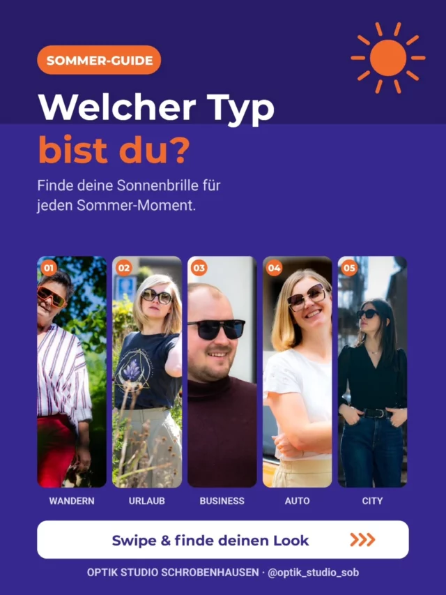 Welcher Sonnenbrillen-Typ bist du? ☀️ Nicht jede Brille passt zu jeder Situation – swipe dich durch 👇
⛰️ Wandern – leichte, umschließende Sportbrille
🏖️ Urlaub – große, leichte Gläser mit vollem UV-Schutz
💼 Business – dezente Marken-Form zum Anzug
🚗 Auto – blendfrei & polarisiert am Steuer
🏙️ City – auffälliger Look für jeden Tag

Und? Welcher Typ bist du? Schreib's in die Kommentare 👇 Unsicher? 

Komm vorbei, wir beraten dich gern.
💙 Optik Studio Schrobenhausen · 📞 08252 / 3913