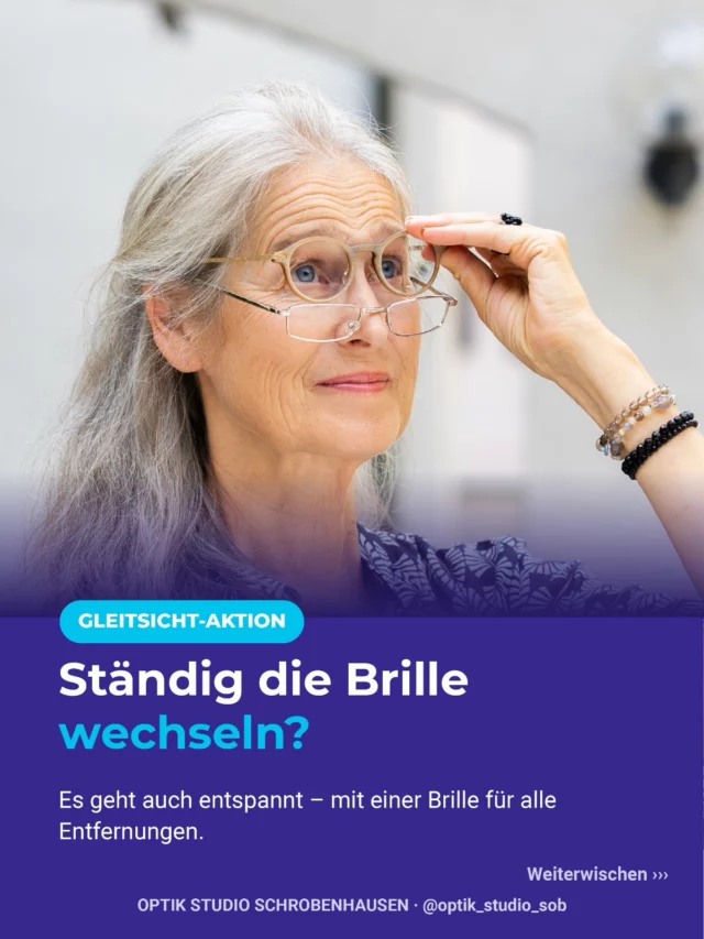Kennst du das? Das Handy wandert immer weiter weg, die Zeitung wird unscharf – und ständig wechselst du zwischen zwei Brillen. 👓😅

Das ist ganz normal: Meist ab Mitte 40 stellen sich die Augen nicht mehr so leicht zwischen Nah und Fern um. Die entspannte Lösung sind Gleitsichtgläser – nah, mittel und fern in einem Glas, ganz ohne Wechseln.

Und weil gerade jede Sehsituation zählt, gibt’s unsere Aktion:

👉 Komplette Gleitsichtbrille ab 289 € – inkl. Fassung + 2 Gläser, Superentspiegelung & UV-Schutz. 

In vier Stufen: 
🔹 Basic 289 € 
🔹 Komfort 399 € 
🔹 Premium 759 € 
🔹 Exklusiv 999 €

Wichtig für gutes Sehen: Wir vermessen und passen deine Gläser individuell an – abgestimmt auf Augen, Kopfhaltung und Fassung.

Nur noch bis 12.09.2026. Komm vorbei, wir beraten dich in Ruhe. 🙂

📍 Optik Studio am Lenbachplatz · Lenbachstraße 16
📞 08252 / 3913

Dein Optiker in Schrobenhausen💙