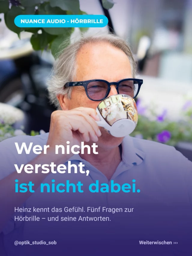 Wer nicht versteht, ist nicht dabei. 😩

Im Restaurant, in der Tischrunde – da wurde Zuhören zur Anstrengung. Hörgeräte hatte er probiert: „Vom Tragen her war das einfach immer unangenehm.“

Jetzt trägt er die Nuance Audio Hörbrille. Sein Satz dazu:

„Je weniger du verstehst, umso weniger nimmst du am Leben teil.“

Fünf Fragen dazu haben wir im Carousel beantwortet – vom „Sieht man das?“ bis zur Steuerung am Bügel. Seine Sehstärke ist übrigens auch drin, sogar mit selbsttönenden Gläsern.

Jeder Hörverlust ist anders: Heinz spricht für sich. Was bei dir passt, schauen wir gemeinsam an. Komm einfach vorbei.

📍 Optik Studio Schrobenhausen · Lenbachstraße 16
📞 08252 / 3913

Dein Optiker in Schrobenhausen 💙